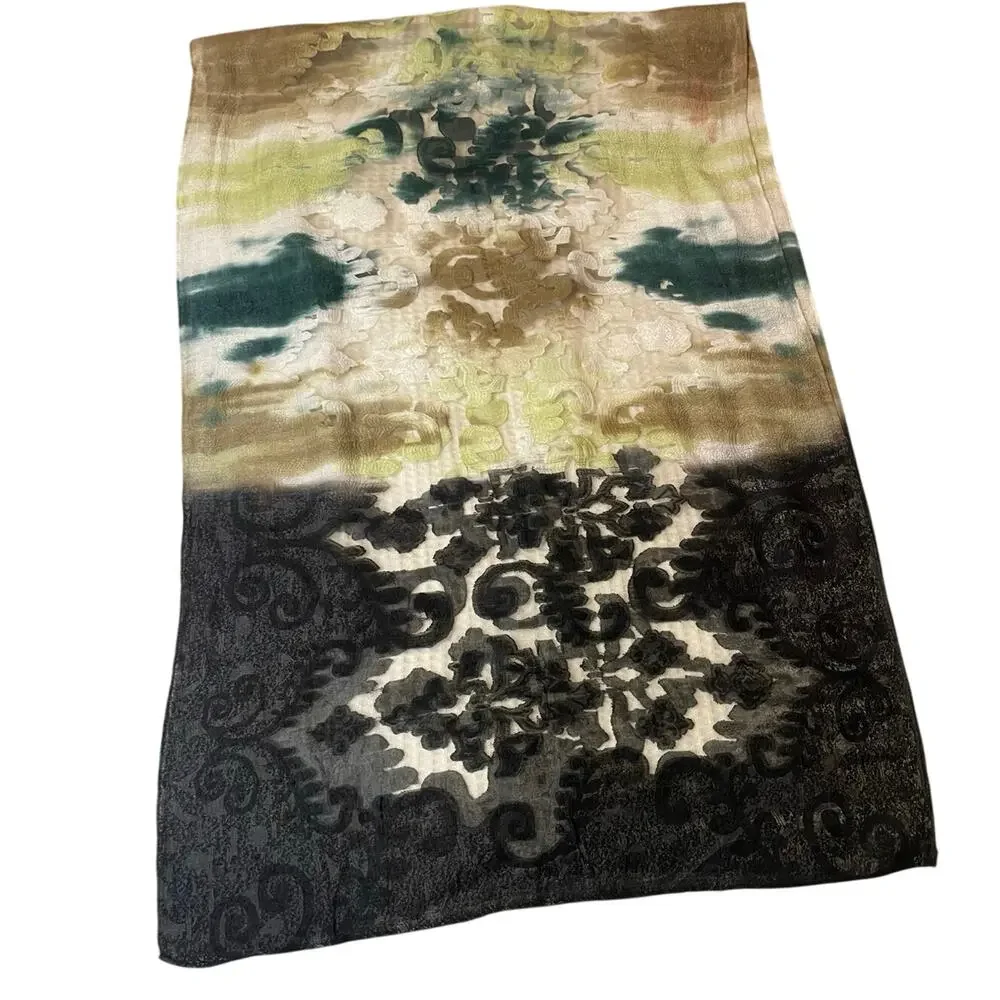 Boho Burnout Green Black & Cream Sheer Shawl Scarf Cottage Core Whimsical